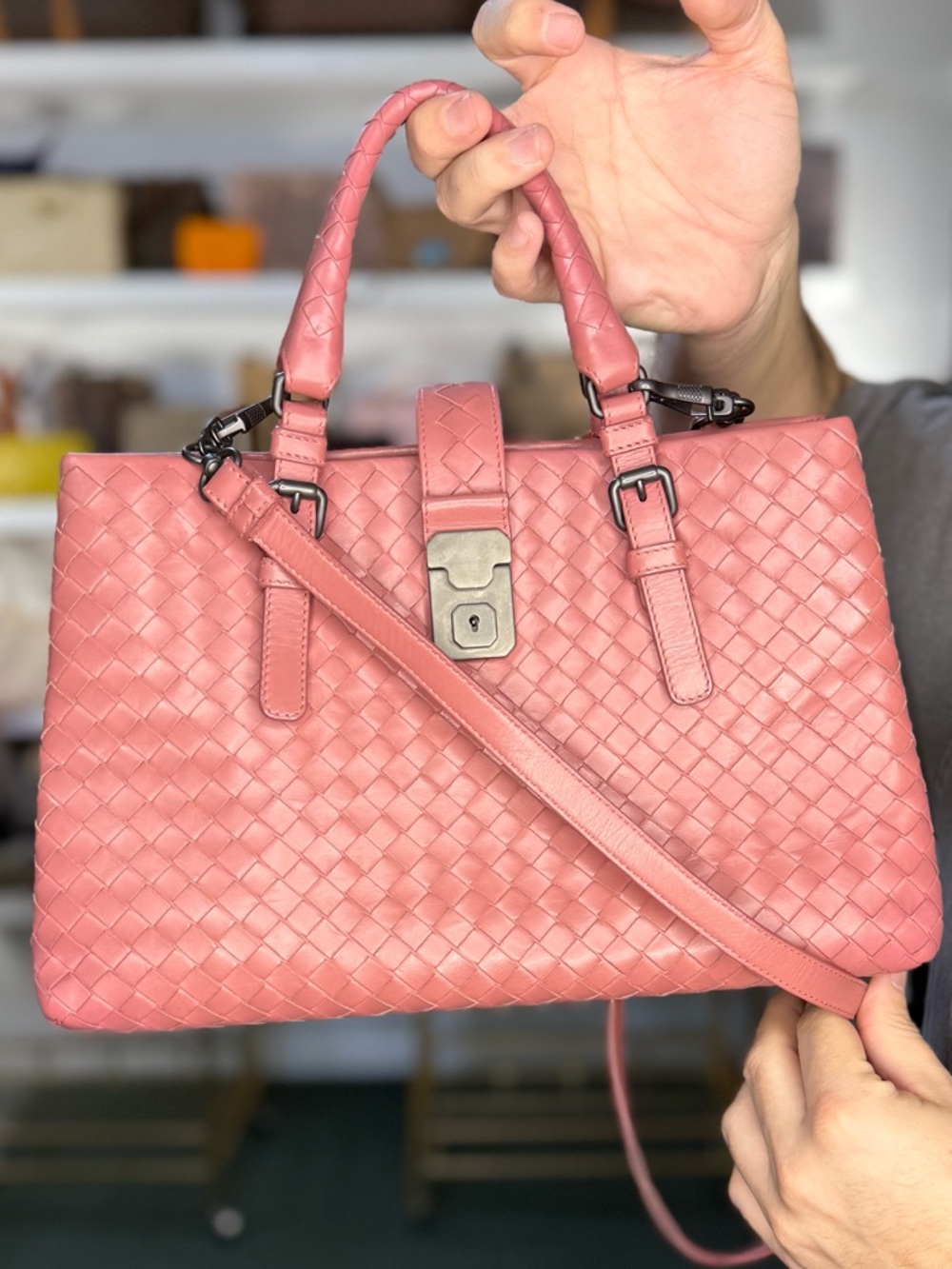 Bottega Veneta Pink Intrecciato Leather Top-Handle Satchel